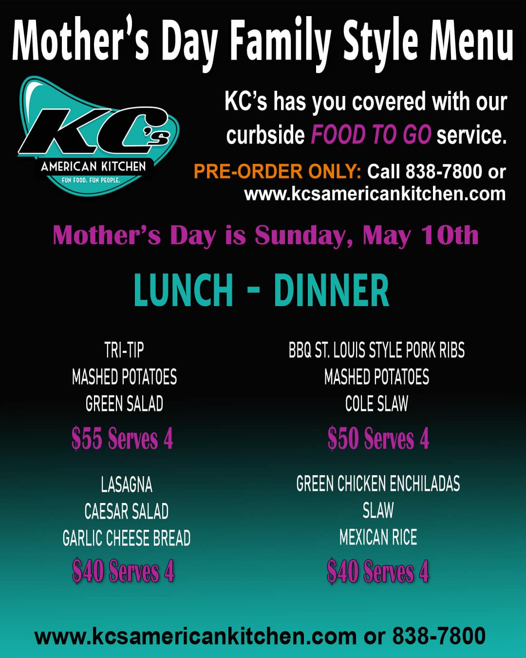 Mother's Day lunch and dinner to go at KC's American Kitchen in Windsor, CA.